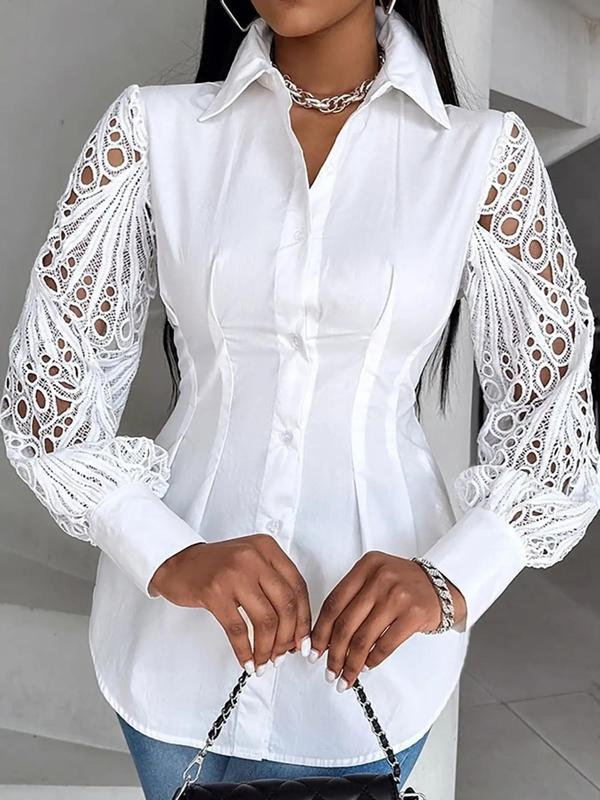  Contrast Lace Bishop Sleeve Blouse, Elegant Button Front Plicated Top, Going Out Tops, Women's Summer Clothes for Daily Wear