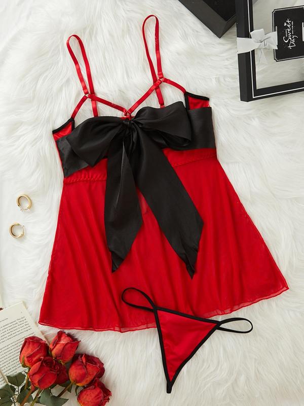 Two-Piece Set Women's Contrast Binding Bow Decor Cami Nightdress & Thong Sexy Lingerie Set, Sexy Comfy Breathable Lingerie Set for Daily Wear, Women Sexy Lingerie & Underwear