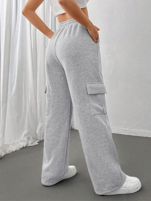 Women's Plain Drawstring Waist Thermal Lined Wide Leg Pants, Casual Pocket Design Trousers for Fall & Winter, Women's Bottoms for Daily Wear