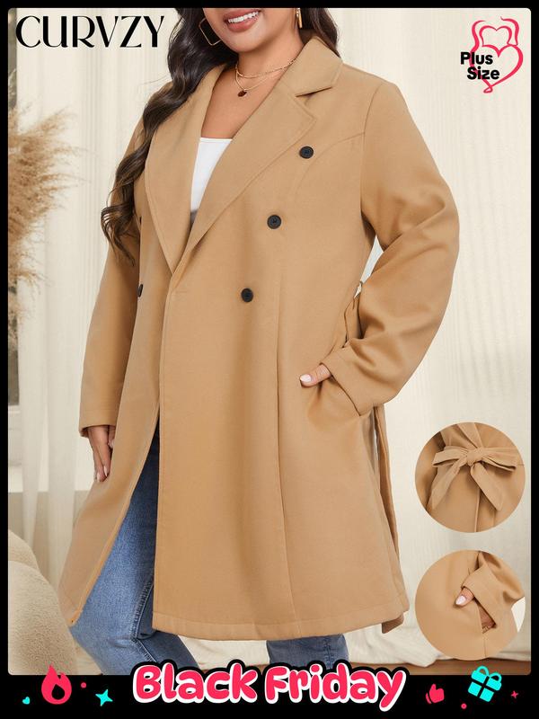 CURVZY Plus Size Solid Double Button Pocket Belted Pea Coat, Casual Long Sleeve Lapel Neck Outerwear for Fall & Winter, Women's Clothes for Daily Wear