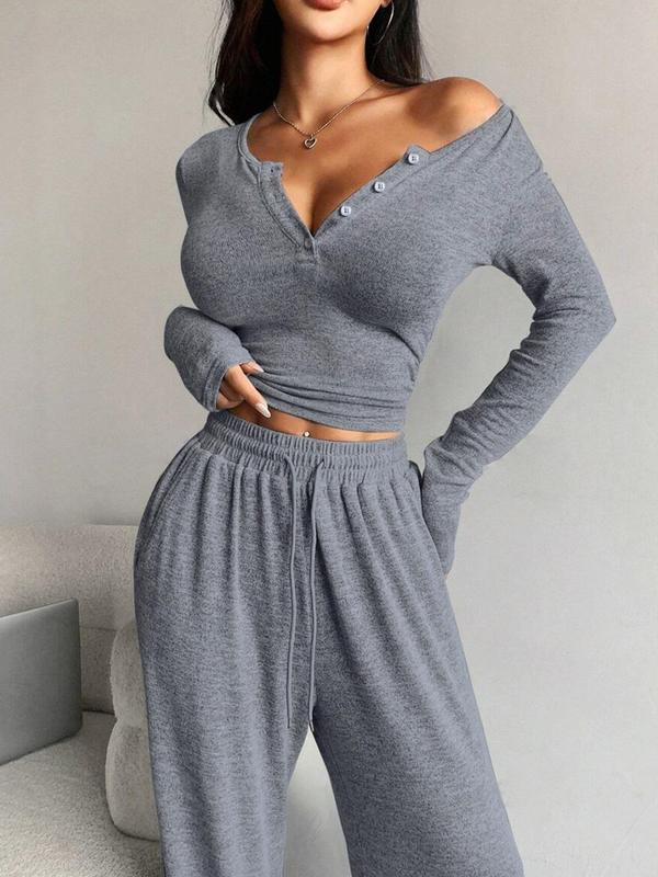 Women's Solid Button Front Pocket Top & Drawstring Waist Pants Loungewear Two-piece Set, Casual Comfy Long Sleeve Top & Trousers Pj Set, Women's Sleepwear for Fall & Winter