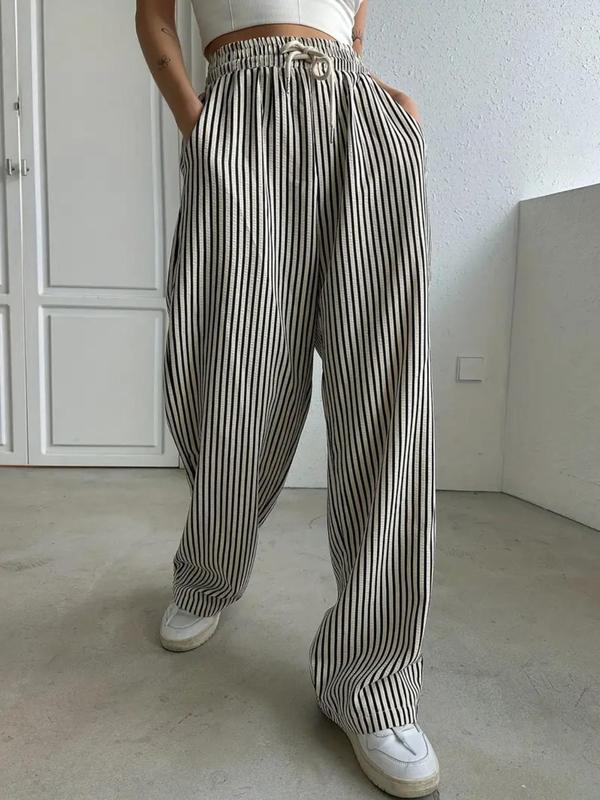 Women's Striped Print Drawstring Waist Wide Leg Pants, Casual Pocket Trousers for Summer, Women's Bottoms for Daily Wear