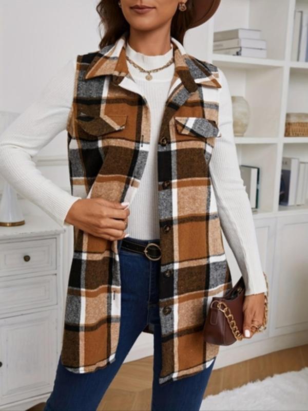 Women's Plaid Print Button Front Vest Coat, Casual Sleeveless Collared Outerwear for Fall & Winter, Ladies Clothes for Daily Wear