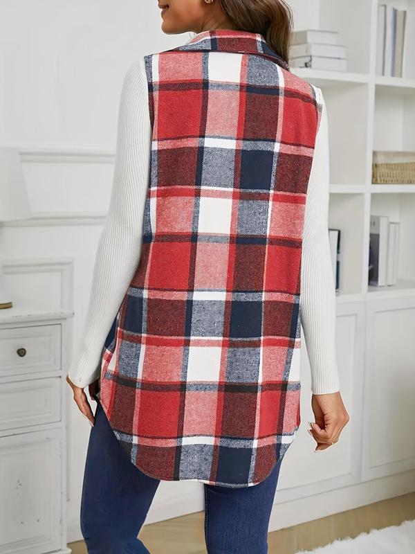 Women's Plaid Print Button Front Shirt Collar Vest Coat, Casual Pocket Sleeveless Outerwear for Daily Wear, Ladies Clothes for All Seasons