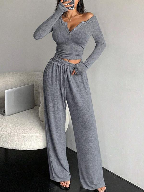 Women's Solid Button Front Pocket Top & Drawstring Waist Pants Loungewear Two-piece Set, Casual Comfy Long Sleeve Top & Trousers Pj Set, Women's Sleepwear for Fall & Winter