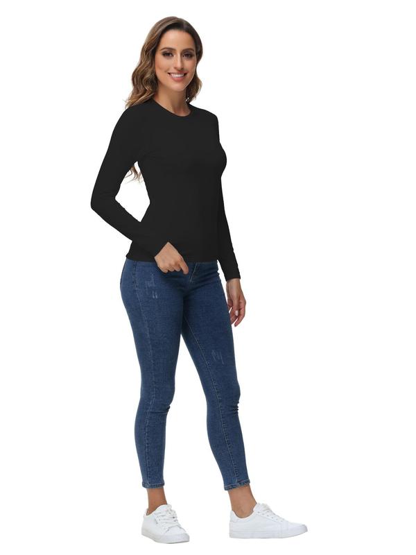 Women's Solid Long Sleeve Thermal Lined Tee, Casual Round Neck T-shirt for Fall & Winter, Ladies Clothes for Daily Wear