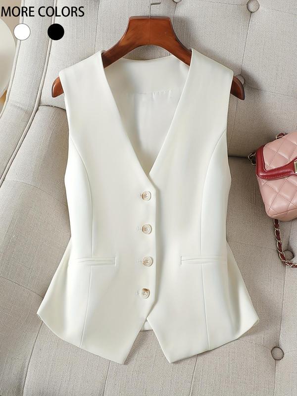 Women's Solid Button Front V Neck Vest Blazer, Casual Pocket Sleeveless Outerwear for Spring & Fall, Ladies Clothes for Daily Wear