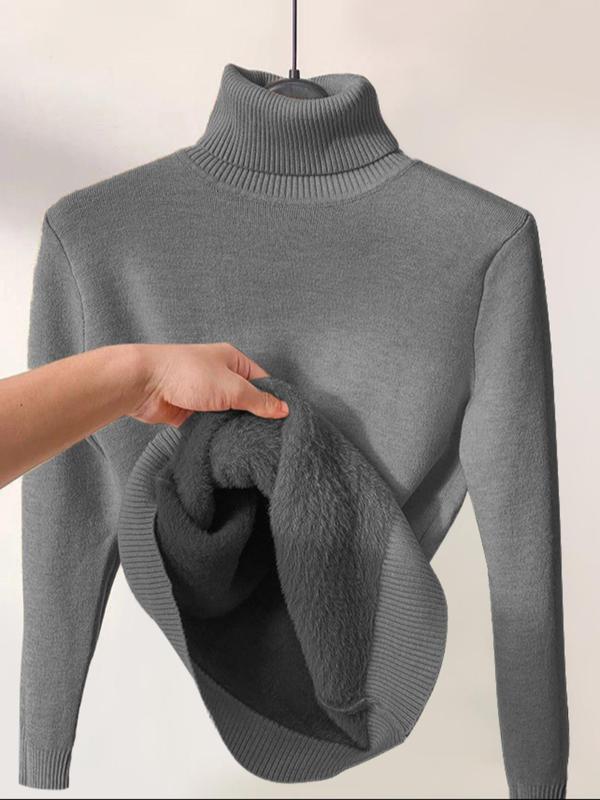 Women's Solid Thermal Lined High Neck Sweater, Winter Clothes Women, Comfort Solid Long Sleeve Turtle Neck Knitting Jumper, Sweaters for Women, Women Knit Top, Knitwear for Lady, 2024 Fall Fashion, Casual Outftit Ideas, Women's Clothing, Fall Outfits