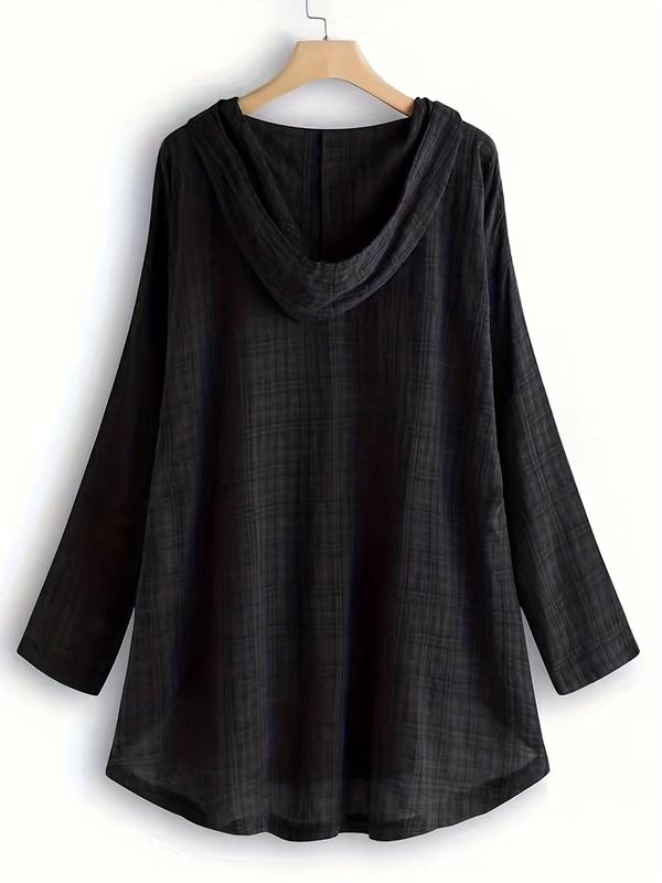 Plus Size Plaid Print Drawstring Button High Low Hooded Blouse, Casual Drop Shoulder Long Sleeve Top for Spring & Fall, Going Out Tops, Women's Clothes for Daily Wear, Going Out Outfits 2024