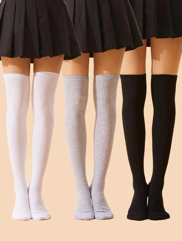 Women's 3 Pairs Solid Over The Knee Socks, Comfortable Breathable Knit Socks, Multi-pack Plain Stockings for Daily Wear, Women's Socks & Hosiery