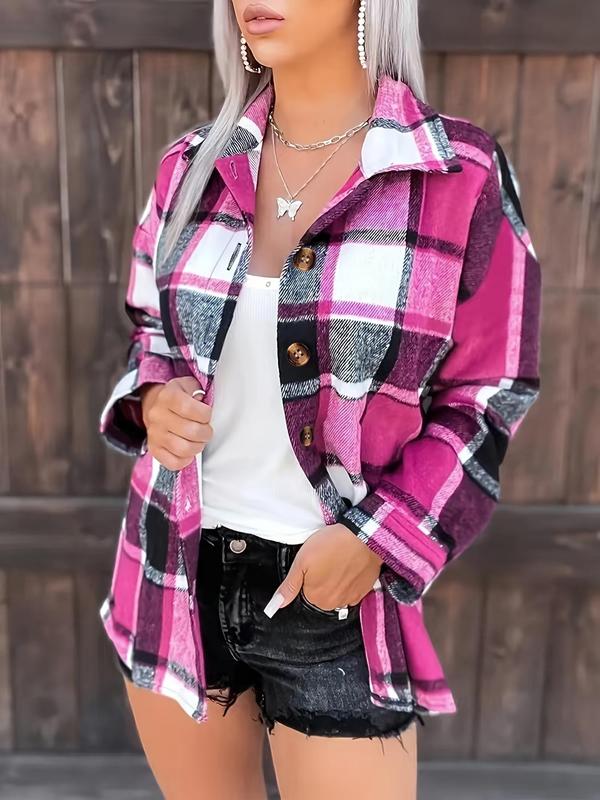 Women's Plaid Print Button Front Blouse, Casual Long Sleeve Collared Top for Spring & Fall, Women's Clothes for Daily Wear, Fall Outfits 2024 Basic Tops