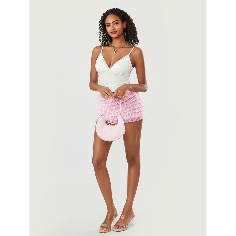 Women's Summer Ruffled Frilly Shorts, Multi-Layer Mesh Short Pants Sweet Cute Bloomers