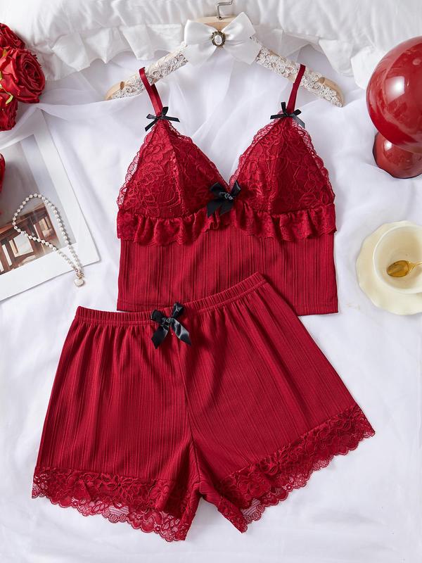 Women's Contrast Lace Bow Decor Ribbed Pyjama Two-Piece Set, Elegant Adjustable Spaghetti Strap Ruffle Trim Crop Camisole & Elastic Waist Shorts PJ Set, Ladies Sleepwear for All Seasons