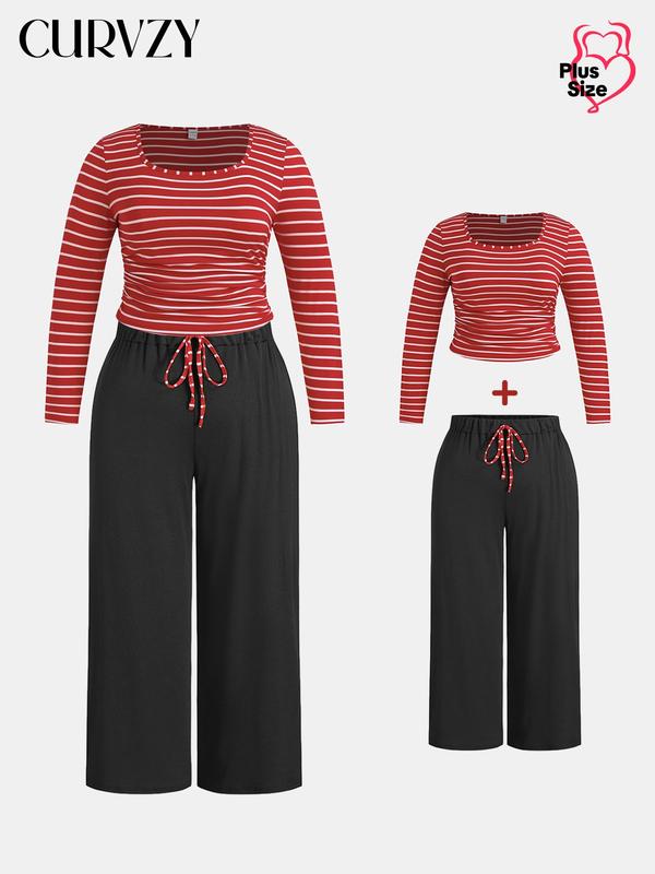 Black Friday Deals CURVZY Plus Size Two-piece Set Striped Print Tee & Pocket Tie Front Pants, Casual Long Sleeve Square Neck Top & Wide Leg Trousers Outfits for Spring & Fall, Women's Clothes for Christmas 2024 Trend,Thanksgiving Outfits,Winter Outfits