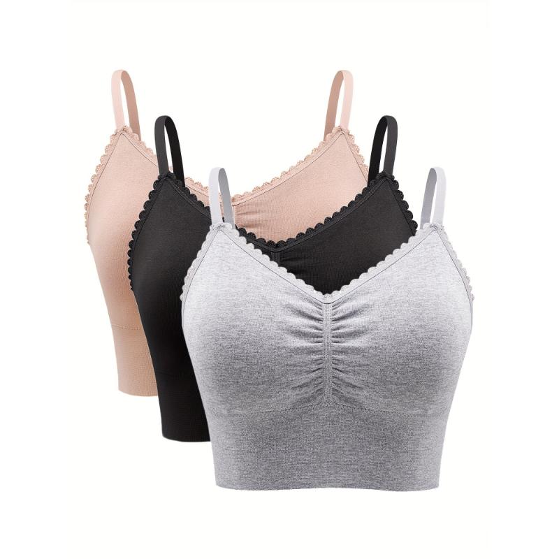 3 Pack Plus Size Casual Bra Set, Women's Plus Solid Ruched Wireless Padded Lace Bralette Three Piece Set