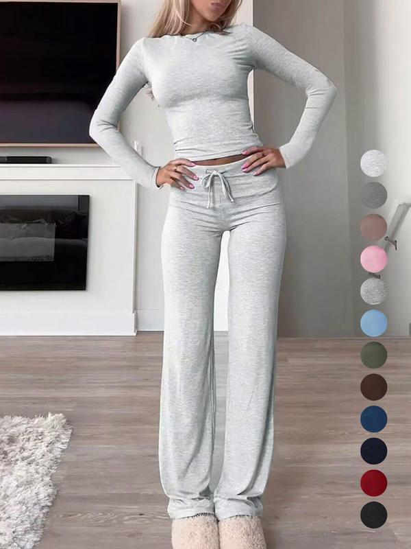 Two-Piece Set Women's Solid Long Sleeve Crop Tee & Drawstring Waist Pants Set, Casual Fashion Cozy Outfits for Daily Outdoor Wear, Women Clothes for Fall & Winter