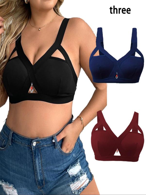  Rhinestone Pendant Decor Cut Out Bralette, Comfortable Breathable V Neck Wireless Lingerie Top for Daily Wear, Women's Lingerie for All Seasons