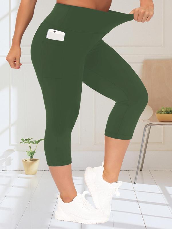 Plus Size Solid High Waist Pocket Capri Leggings, Casual Comfort Basic Skinny Capri Pants for Daily Womenswear, Leggings for Women, Women's Bottoms for Summer