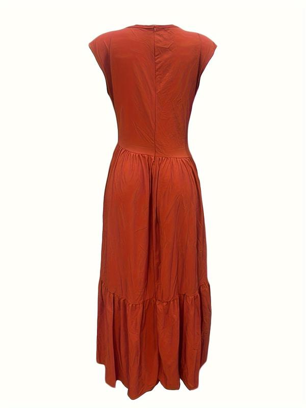 Women's Plain Ruffle Hem Zipper Back A Line Dress, Elegant Sleeveless Round Neck Maxi Dress for Party Holiday Wedding Guest, Ladies Clothes for All Seasons