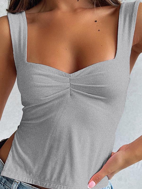 Women's Basic Minimalist Plain Ruched Split Hem Crop Tank Top, Back To School Outfits, Lady Y2k Casual Comfort Sweetheart Neck Sleeveless Top for Daily Wear, Ladies Clothes for Fall, Womenswear Downtown Girl Clothes