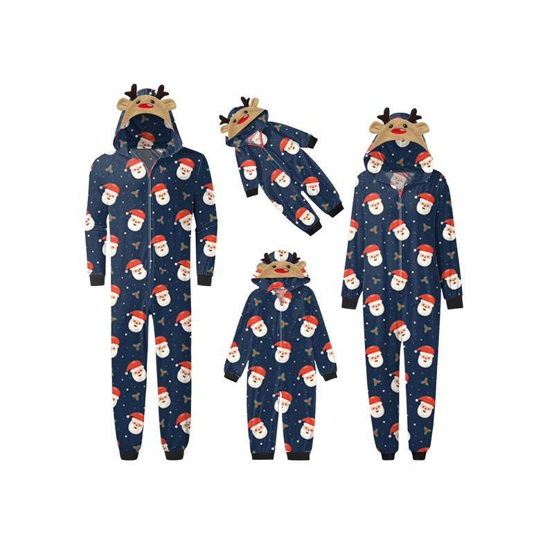 Family Matching Pajamas Christmas Casual Long Sleeve Jumpsuit Zip Hooded Romper Sleepwear