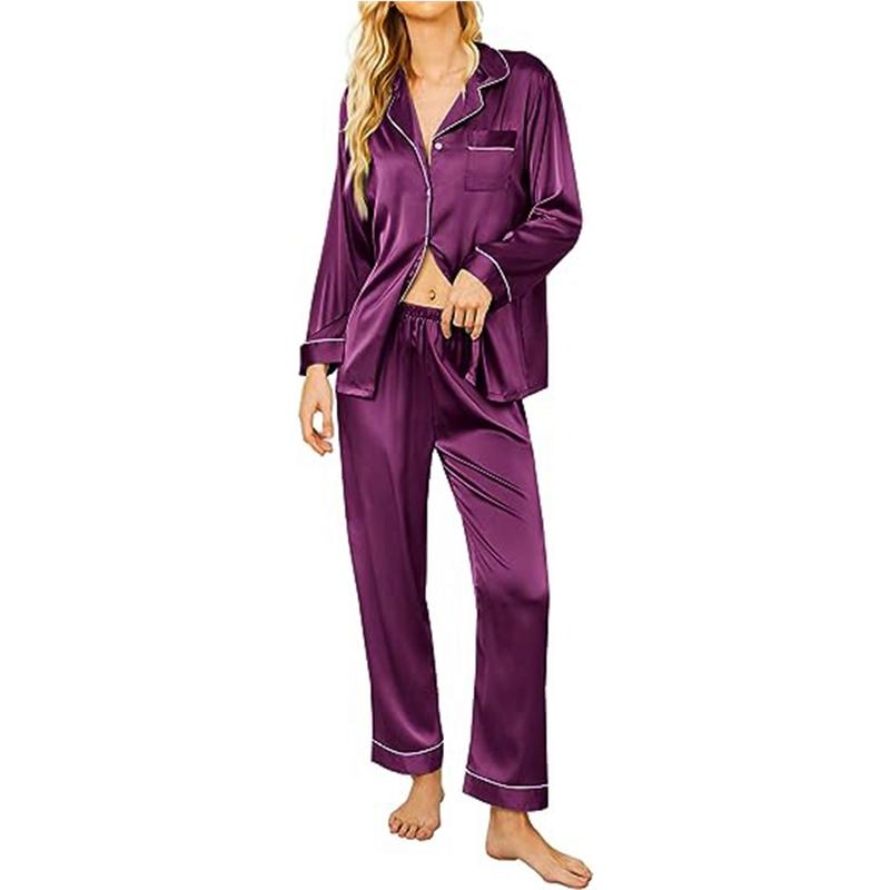 Women Silk Pajamas Set, Long Sleeve Satin Pajamas for Women Sleepwear Button Down Pjs Set Two-piece