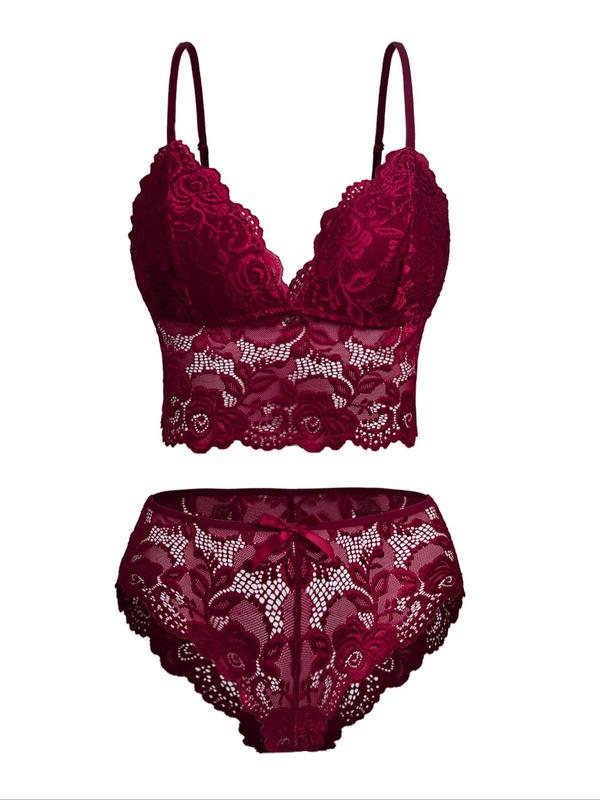 Two-Piece Set Women's Floral Lace Bra & Bow Decor Panty Set, Sexy Comfortable Breathable Lingerie Set for Daily Wear, Underwear Set for Women