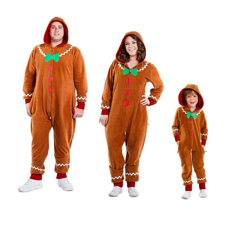 Adult Christmas Costume Gingerbread Family Outfit Long Sleeve Zipper Hooded Bodysuit Men and Women Party Role Play