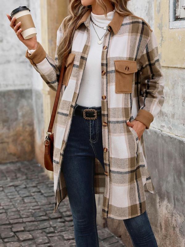 Women's Plaid Print Button Front Pocket Coat, Casual Long Sleeve Collared Outerwear for Fall & Winter, Ladies Clothes for Daily Wear