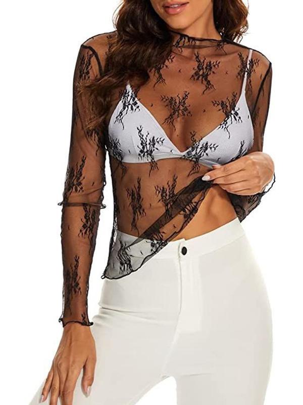 Women's Floral Lace Semi-sheer Top, Elegant Long Sleeve Top for Beach Vacation Holiday, Ladies Clothes for All Seasons