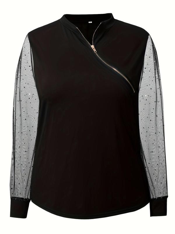  Contrast Mesh Sequin Zipper Tee, Elegant Bishop Sleeve Round Neck Top for Spring & Fall, Women's Clothing for Daily Wear