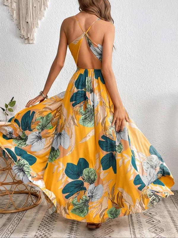 Women's Floral Backless Split Thigh Wrap Vintage Dress, Summer Clothes, Back To School Outfits, Lady Casual Boho Sleeveless Spaghetti Strap Long Sundress, Casual Summer Outfits 2024