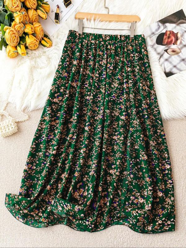  Ditsy Floral Print Elastic Waist Flared Vintage Skirt, Bohemian High Waist Long A-line Skirt for Daily Holiday Vacation Wear, Summer Outfits 2024,  Plus Size Fall Clothing