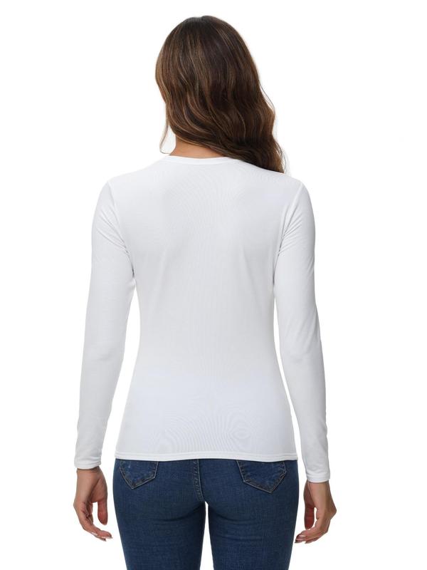 Women's Solid Long Sleeve Thermal Lined Tee, Casual Round Neck T-shirt for Fall & Winter, Ladies Clothes for Daily Wear