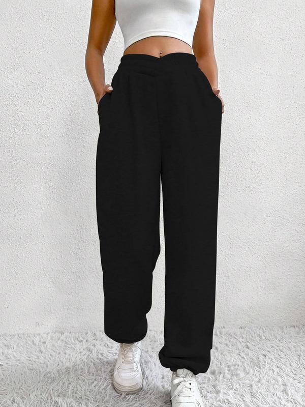 Women's Plain Criss Cross High Waist Sweatpants, Casual Street Pocket Jogger Pants for Spring & Fall, Clothes Women, Ladies Bottoms for Daily Wear