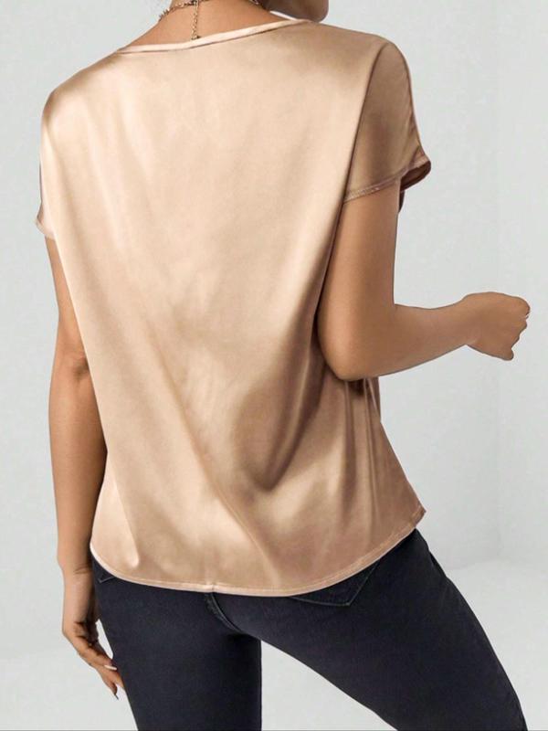  Women's Plain Round Neck Cap Sleeve Satin Blouse, Summer Clothes Women, Summer Tops, Comfortable Womenswear, Casual Batwing Sleeve Top, Women's Clothing Summer Holiday Outfits 2024