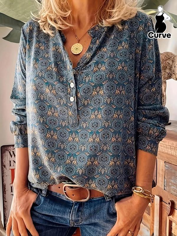  Ethnic Pattern Notched Neck Blouse, Boho Casual Long Sleeve Button Front Top for Spring & Fall, Women's Clothes for Daily Wear, Fall Clothes 2024