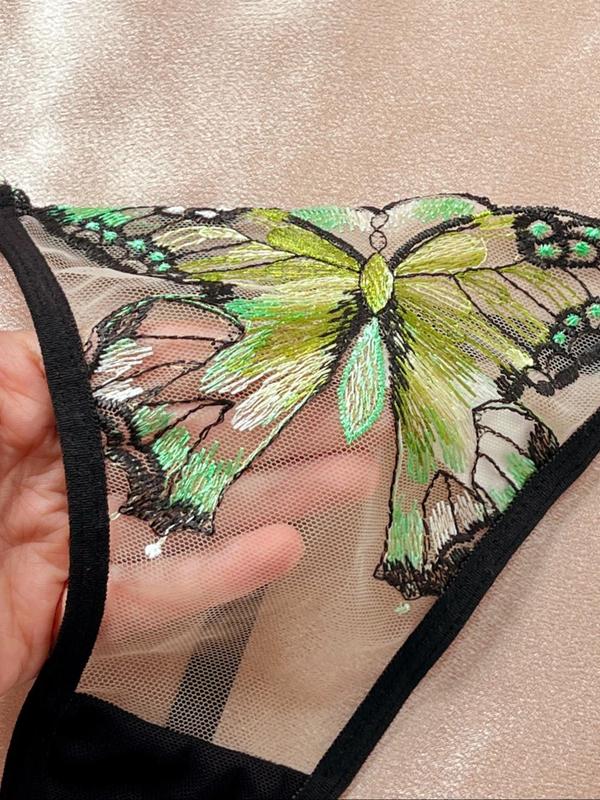 Women's Butterfly Embroidery Ring Linked Sheer Sexy Lingerie Set, Elegant Romantic Chain Decor Bra & Thong Set, Women's Lingerie & Underwear for All Seasons