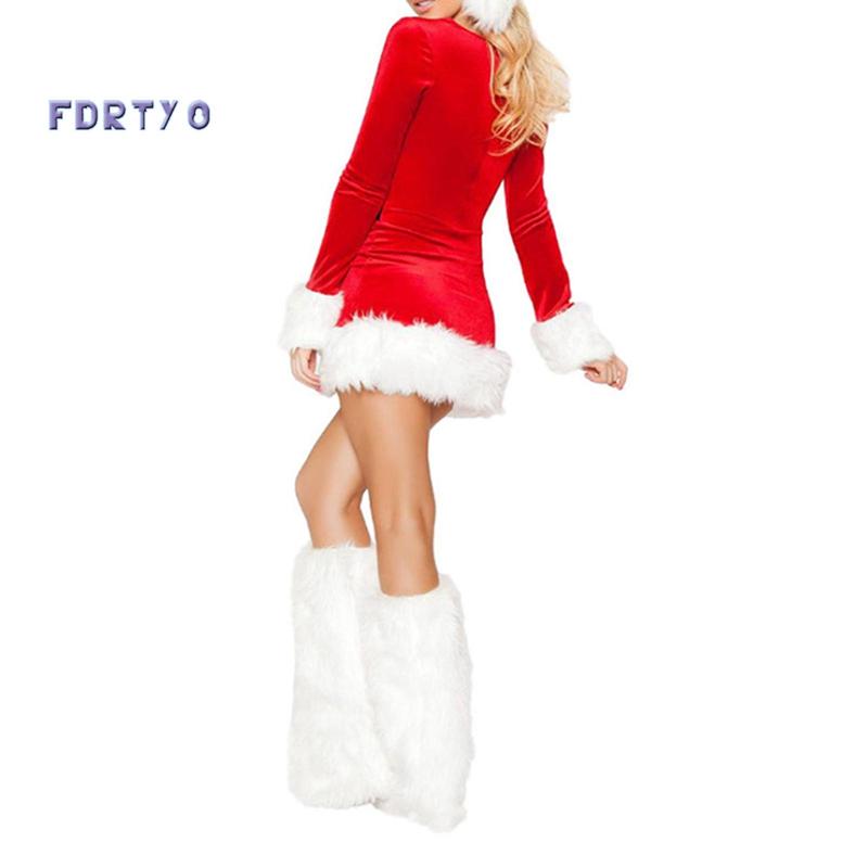 Women Christmas Costume Santa Cosplay Dress Plush Trim Patchwork Dress Party Costume with Hat and Leg Warmers party banquet