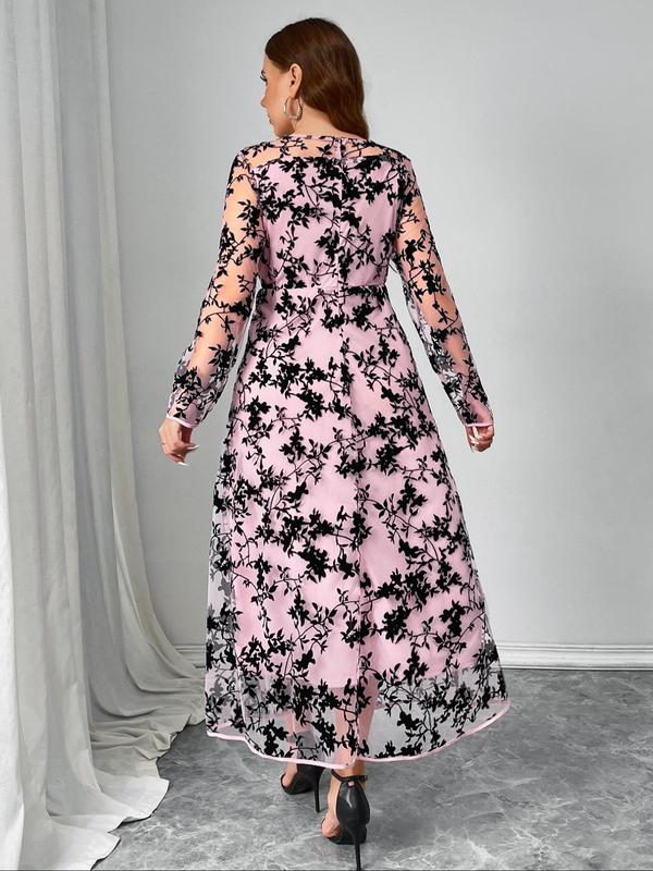  Floral Pattern Contrast Mesh Sheer Zipper Back A Line Dress, Elegant Long Sleeve Round Neck Dress for Party Holiday Wedding Guest, Women's Clothes for Fall & Winter