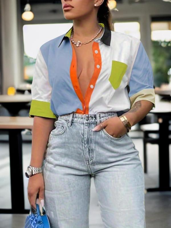 Womenswear Colorblock Pocket Button Up Shirt, Summer Clothes Women, Comfort Half Sleeve Collared Button Front Top for Summer, Back To School Outfits, Summer Outfits 2024