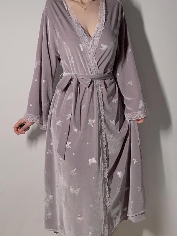 Women's Butterfly Print Contrast Lace Belted Velvet Robe, Casual Long Sleeve Dressing Gown, Ladies Sleepwear for Fall & Winter