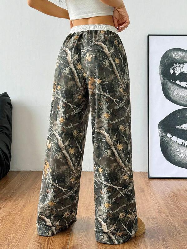 Women's Leopard & Camo Print Drawstring Waist Sweatpants, Casual Pocket Wide Leg Trousers for Daily Wear, Ladies Bottoms for All Seasons