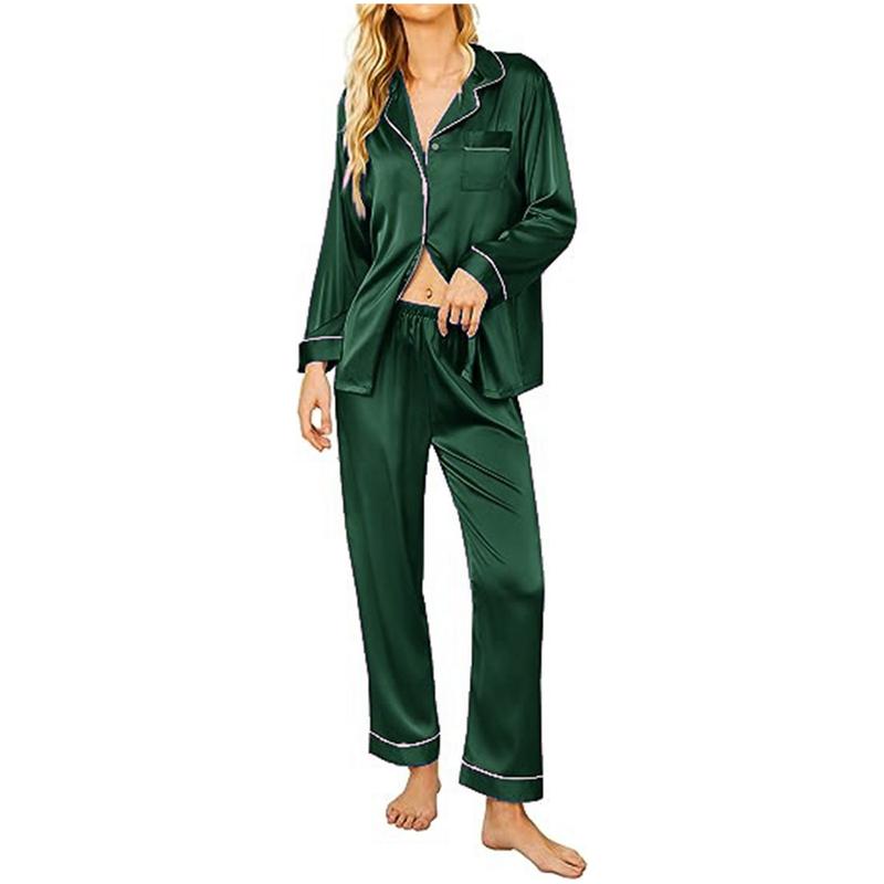 Women Silk Pajamas Set, Long Sleeve Satin Pajamas for Women Sleepwear Button Down Pjs Set Two-piece