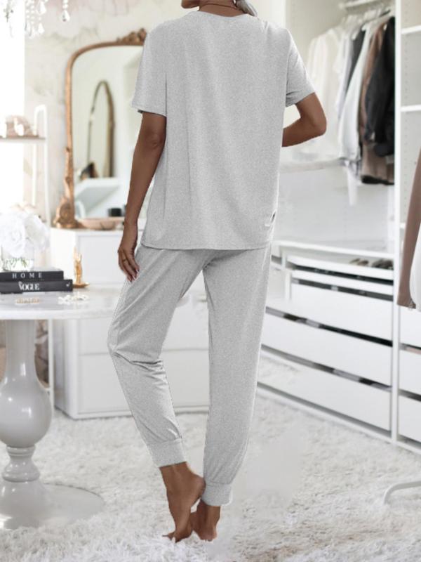 Women's Plain Round Neck Tee & Drawstring Waist Pants Pajama Set, Basic Crew Neck Short Sleeve T-shirt & Trousers Comfort Pajamas Set for Homewear, Two Piece Set, Pajama Sets Women, Casual Comfy Pyjama Set, Lady Sleepwear for Summer Black Girl Wear