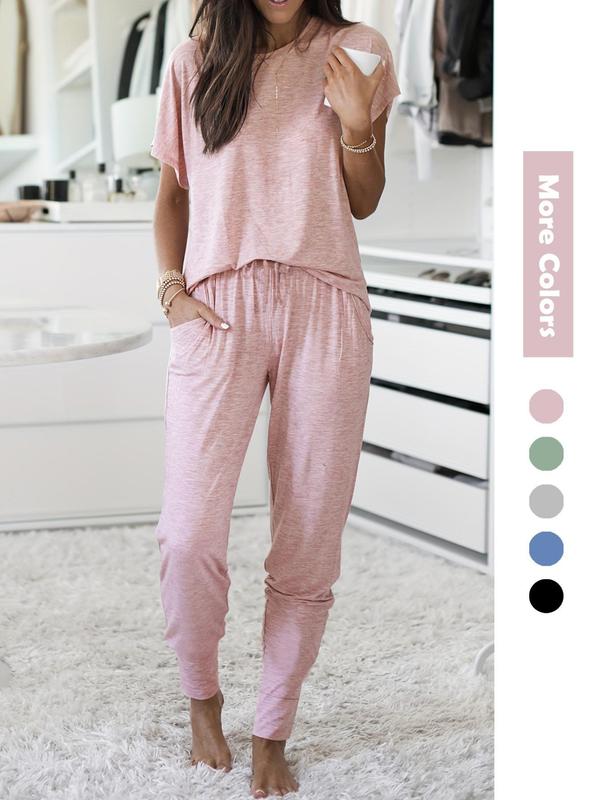 Women's Plain Round Neck Tee & Drawstring Waist Pants Pajama Set, Basic Crew Neck Short Sleeve T-shirt & Trousers Comfort Pajamas Set for Homewear, Two Piece Set, Pajama Sets Women, Casual Comfy Pyjama Set, Lady Sleepwear for Summer Black Girl Wear