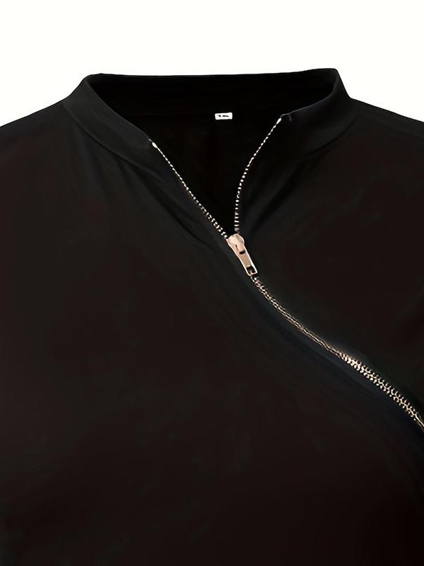  Contrast Mesh Sequin Zipper Tee, Elegant Bishop Sleeve Round Neck Top for Spring & Fall, Women's Clothing for Daily Wear