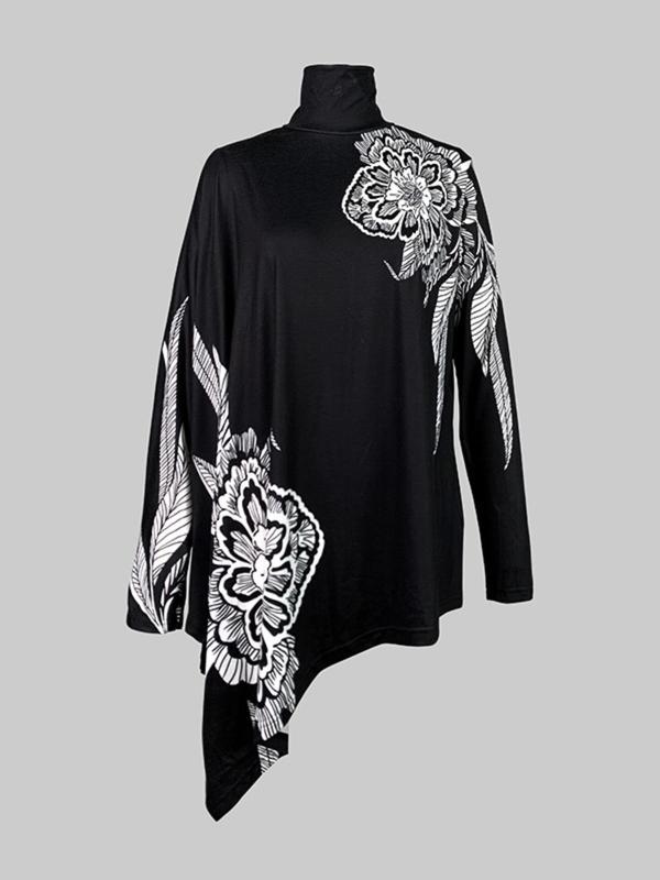 Women's Floral Print Asymmetrical Hem Batwing Sleeve T-shirt, Casual Long Sleeve Button High Low Hem Tee for Spring & Fall, Women's Clothing for Daily Wear