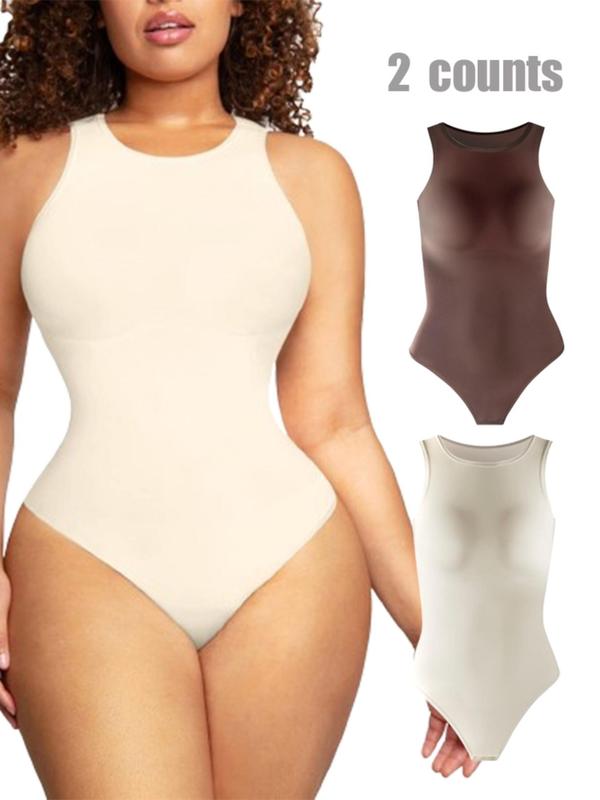 Women's Solid Round Neck Shapewear Bodysuit, Stretchy Shaper Clothes, Tummy Control Shapewear Bodysuit, Waist Trainer Women, Summer Wear 2024, Women's Shapewear