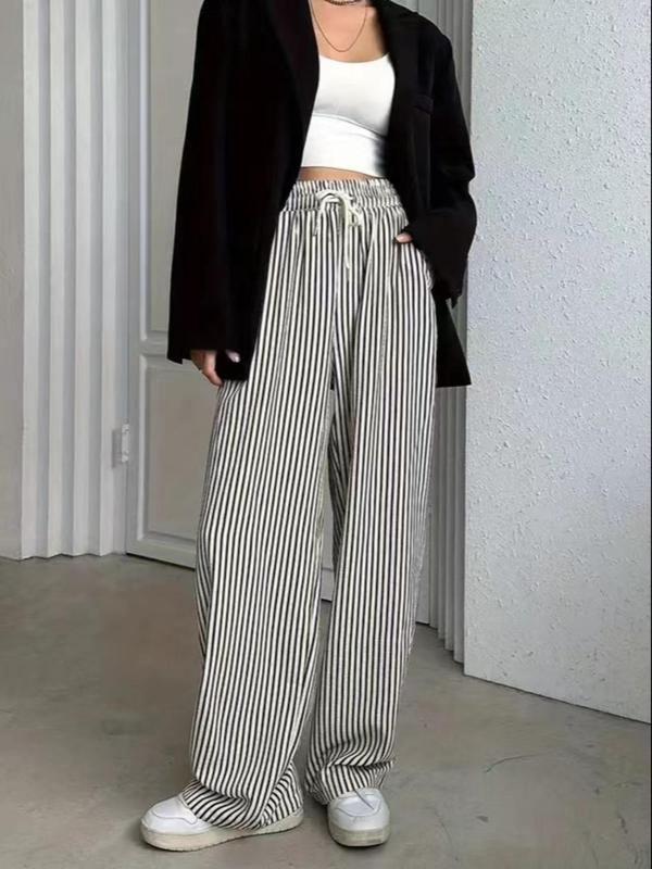 Women's Striped Print Drawstring Waist Wide Leg Pants, Casual Pocket Trousers for Summer, Women's Bottoms for Daily Wear